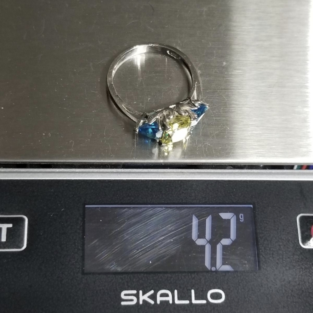 10k White Gold Aqua & Yellow Emerald Trillion cut three stone ring - Picture 10 of 10